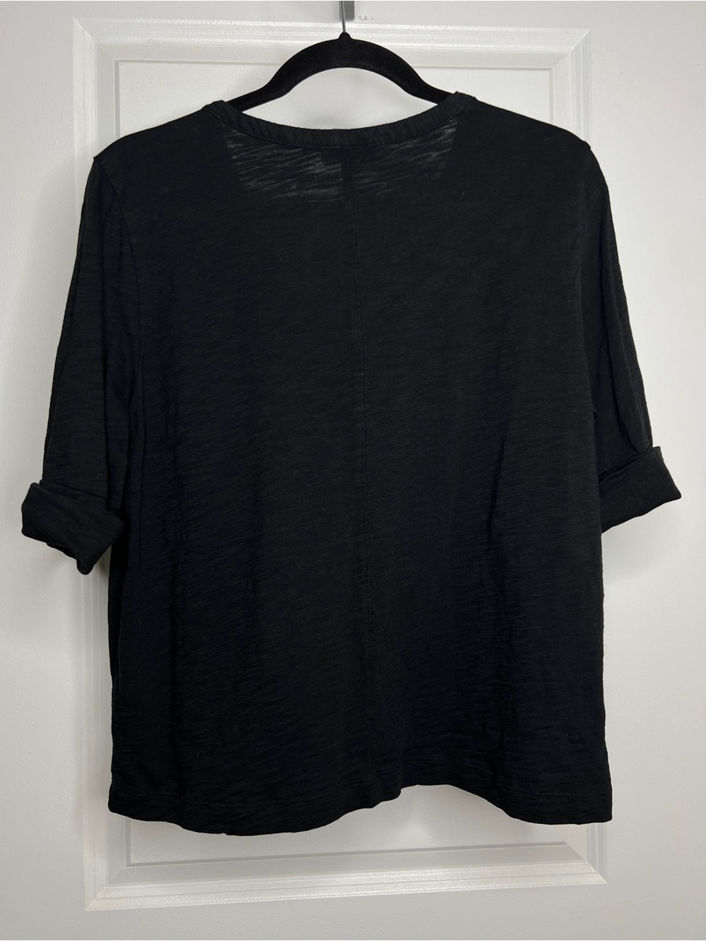 Lilla P V-Neck Tee Shirt Women Large Black 100% Cotton Rolled Cuff Casual Basic - Picture 2 of 6